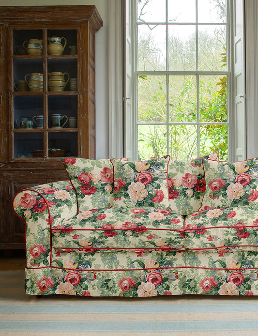 Barton Large Sofa with Scatter Cushions in English Garden Classic Rose with Velvet Trim - Made To Order