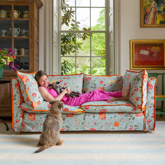 Coco 2.5 seater sofa with Contrast Piped Knife Edge cushion in Andrew Martin Wildwood Duck Egg - Made to Order (Available for quick ship)