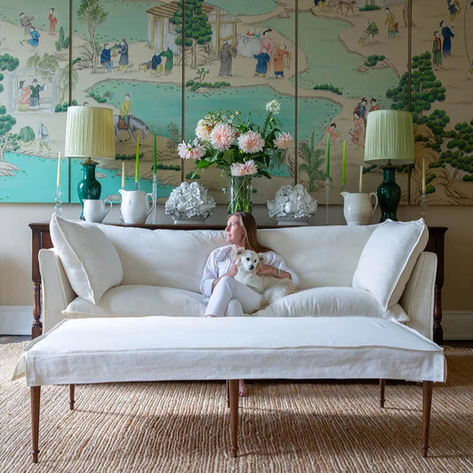 Coco 3.5 seater sofa with Self Piped Knife Edge cushion in Cotton Linen Snow Drop - Made to order