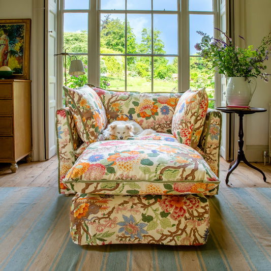 Coco Footstool with Contrast Piped Knife Edge cushion in GP & J Baker Magnolia Cream Blue - Made to Order