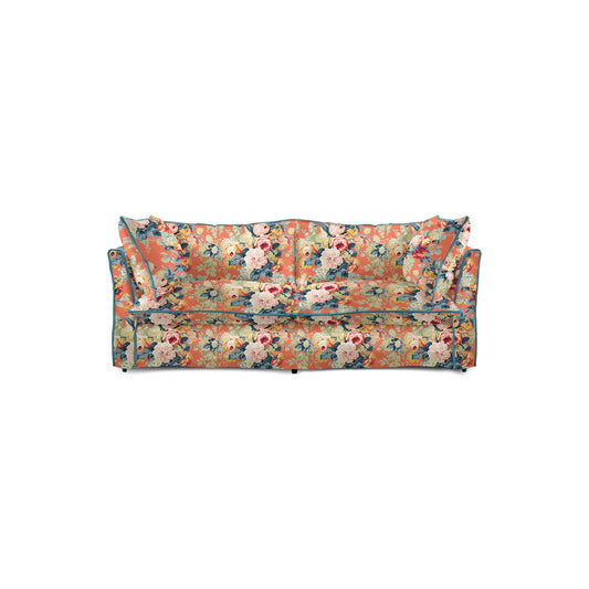 Coco 2.5 seater sofa with Knife Edge cushion in English Garden Coral Orange with Velvet Trim - Made to Order
