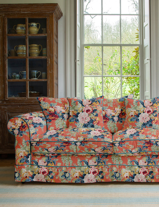 Barton Large Sofa with Scatter Cushions in English Garden Coral Orange with Velvet Trim - Made To Order