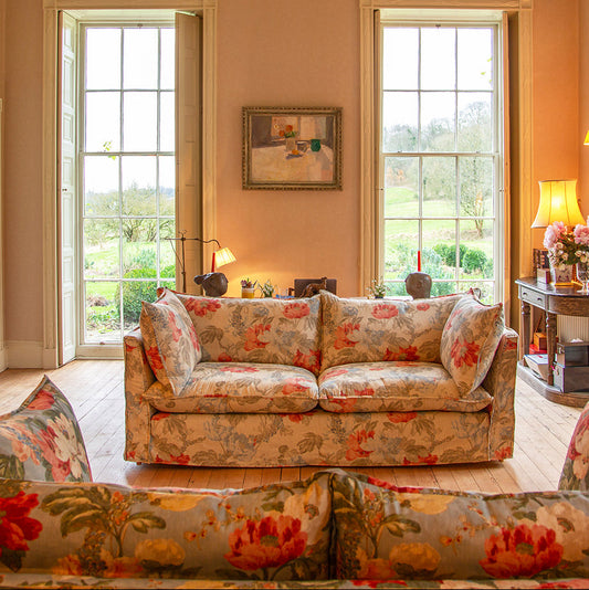 Coco 2.5 seater sofa with Self Piped Knife Edge cushion in Peony Summer Sky - Available for quick ship