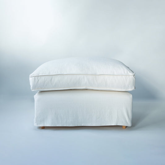 Coco Footstool with Self Piped Box Edge cushion in Cotton Linen Snow Drop - Made to Order