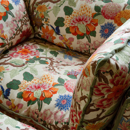 Coco Footstool with Contrast Piped Knife Edge cushion in GP & J Baker Magnolia Cream Blue - Made to Order