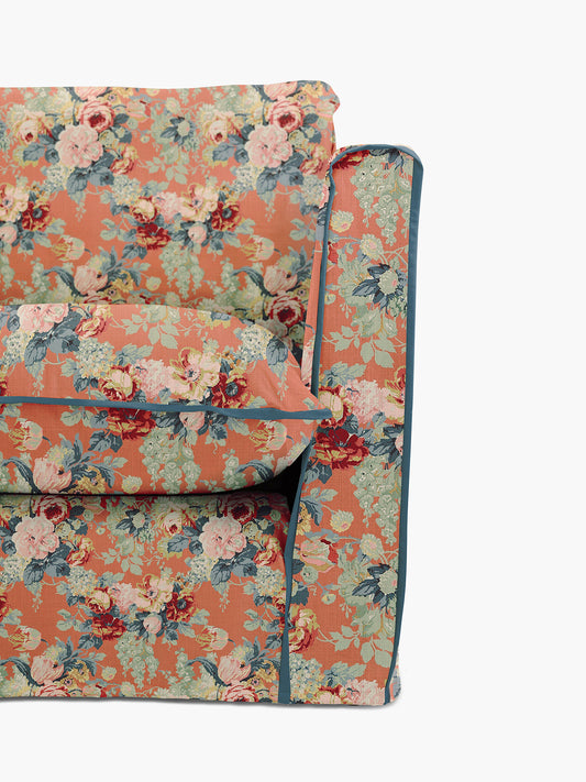 Cocobella LH 3 x 2 seater sofa in English Garden Coral Orange with Lagoon Velvet Trim