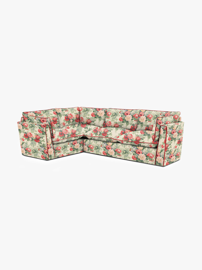 Cocobella RH 2 x 3 seater sofa in English Garden Classic Rose with Rosewood Velvet Trim