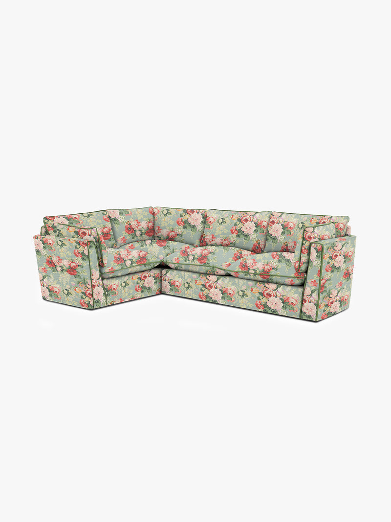 Cocobella RH 2 x 3 seater sofa in English Garden Grey Skies with Green Tea Velvet Trim