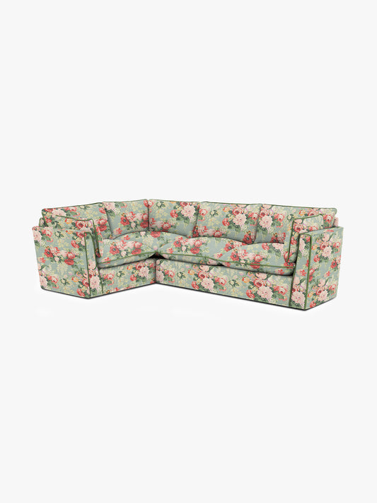 Cocobella RH 2 x 3 seater sofa in English Garden Grey Skies with Green Tea Velvet Trim