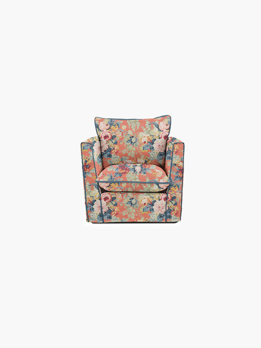 Cocobella Armchair in English Garden Coral Orange with Lagoon Velvet Trim
