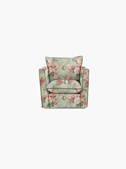 Cocobella Armchair in English Garden Grey Skies with Green Tea Velvet Trim