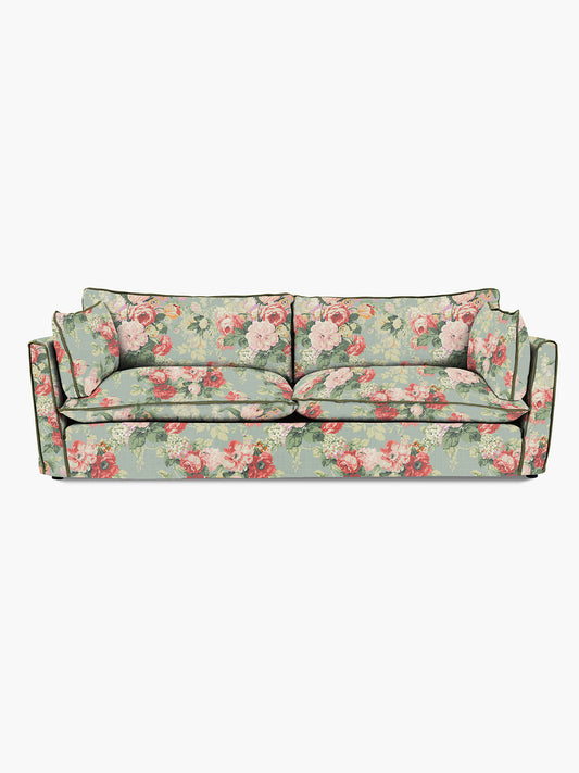 Cocobella 3.5 Seater Sofa in English Garden Grey Skies with Green Tea Velvet Trim