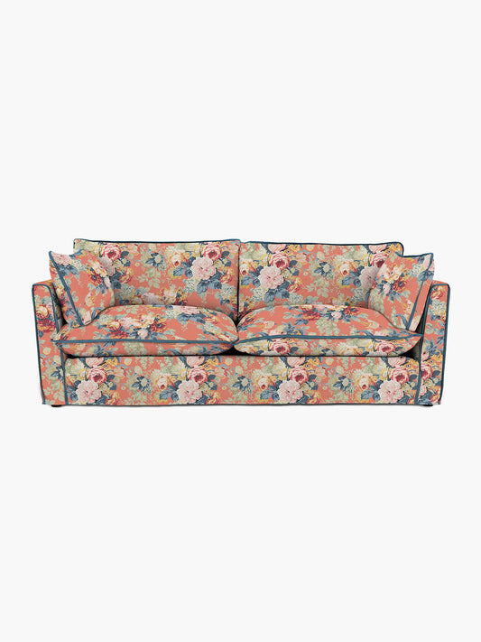Cocobella 3 Seater Sofa in English Garden Coral Orange with Lagoon Velvet Trim