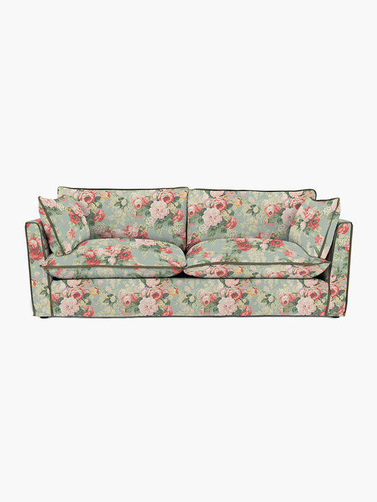 Cocobella 3 Seater Sofa in English Garden Grey Skies with Green Tea Velvet Trim