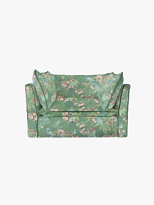 Cocobella Loveseat in Belleville Juniper with Pine Velvet Trim