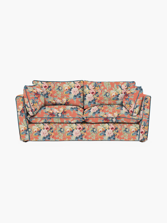 Cocobella 2.5 Seater Sofa in English Garden Coral Orange with Lagoon Velvet Trim