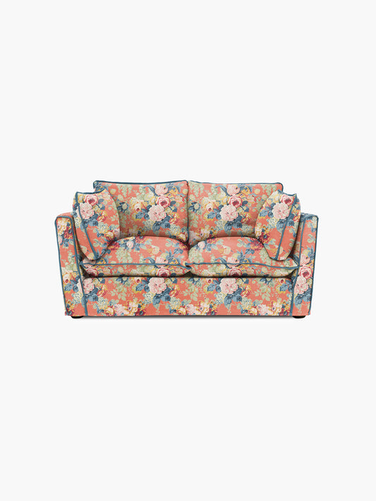 Cocobella 2 Seater Sofa in English Garden Coral Orange with Lagoon Velvet Trim