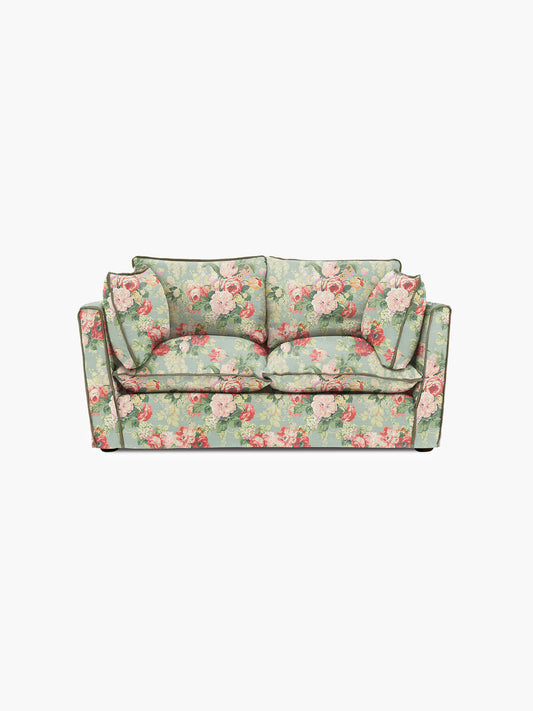 Cocobella 2 Seater Sofa in English Garden Grey Skies with Green Tea Velvet Trim