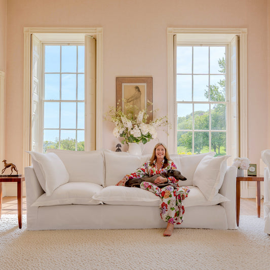 Coco 3.5 seater sofa with Oxford Border cushions in Cotton Linen Snow Drop - Made to order