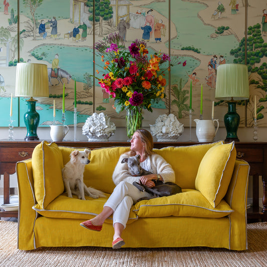 Coco 2.5 seater sofa with Contrast Piped Knife Edge cushion in Designers Guild Brera Lino Ochre - Made to Order