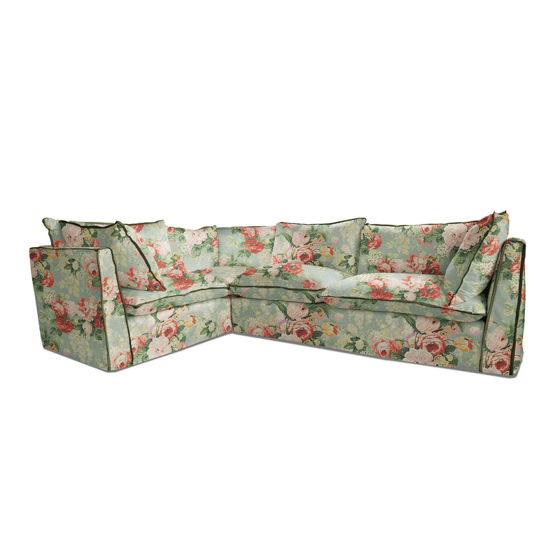 Coco 2 x 3 seater sofa with Knife Edge cushion in English Garden Grey Skies with Velvet Trim - Made to Order