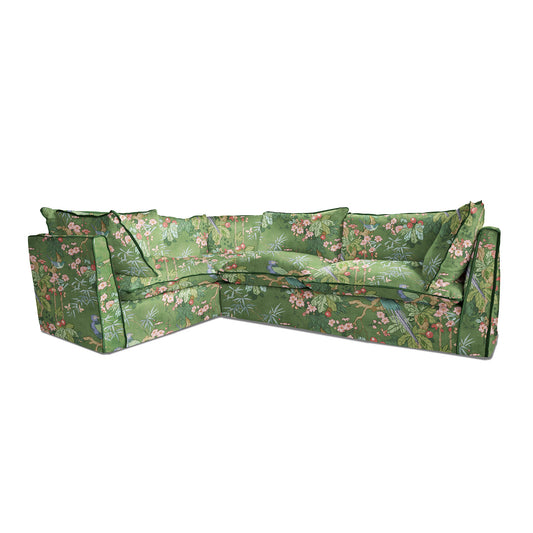 Coco 2 x 3 seater sofa with Knife Edge cushion in Belleville Juniper with Velvet Trim - Made to Order