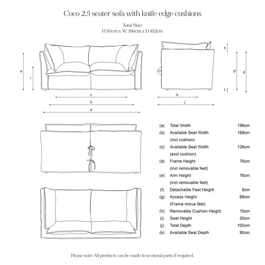 Coco 2.5 seater sofa with Self Piped Knife Edge cushion in Andrew Martin Midsummer Faded Blue - Made to Order
