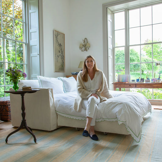 Coco 2.5 seater sofa bed with Self Piped Knife Edge cushion in Cotton Linen Snow Drop - Made to Order