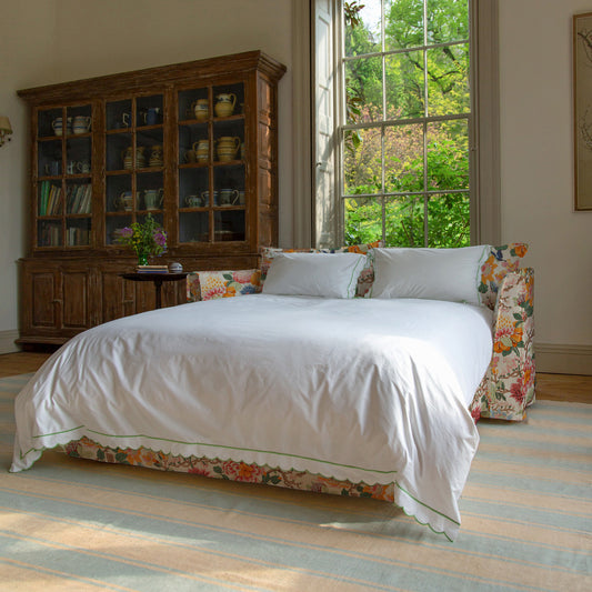 Coco 2.5 seater sofa bed with Self Piped Knife Edge cushion in Magnolia Cream Blue - Made to Order