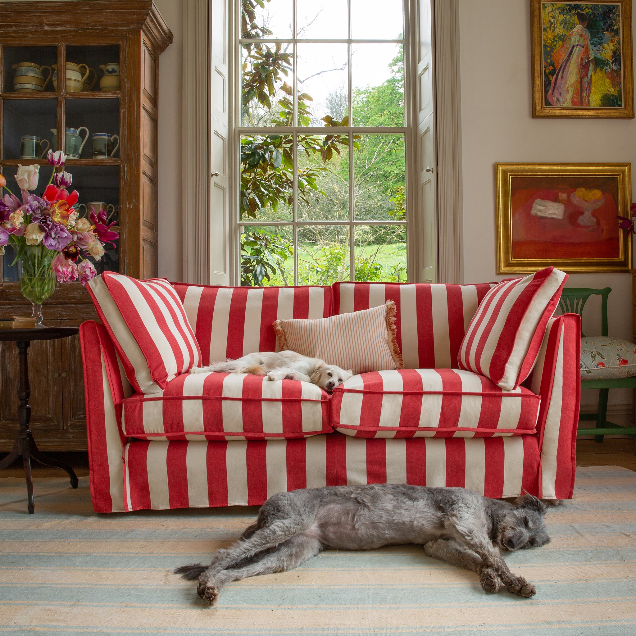 Red sofa with cushions outlet