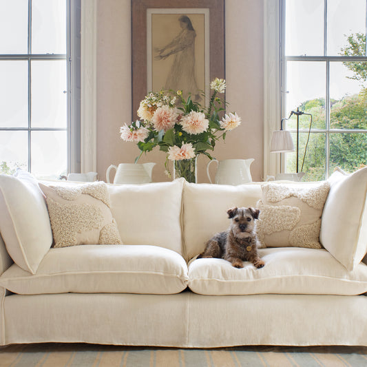 Coco 3 seater sofa with Self Piped Knife Edge cushion in Designers Guild Brera Lino Chalk - Made to order