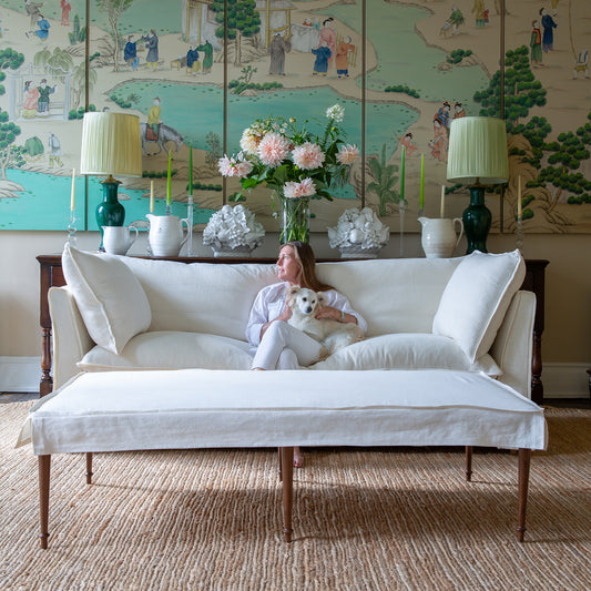 Coco 3 seater sofa with Self Piped Knife Edge cushion in Designers Guild Brera Lino Chalk - Made to order