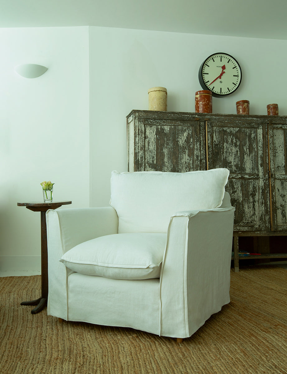 Coco Chair with Self Piped Knife Edge cushion in Cotton Linen Snow Dro sophieconran