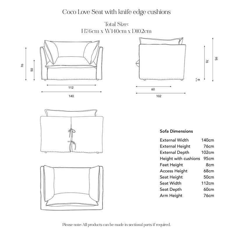 Coco Loveseat with Self Piped Box Edge cushion in Customers Own Material (excl. Fabric) - Made to Order