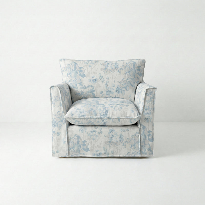 Coco Armchair with Self Piped Knife Edge cushion in Andrew Martin Midsummer Faded Blue - Made to Order