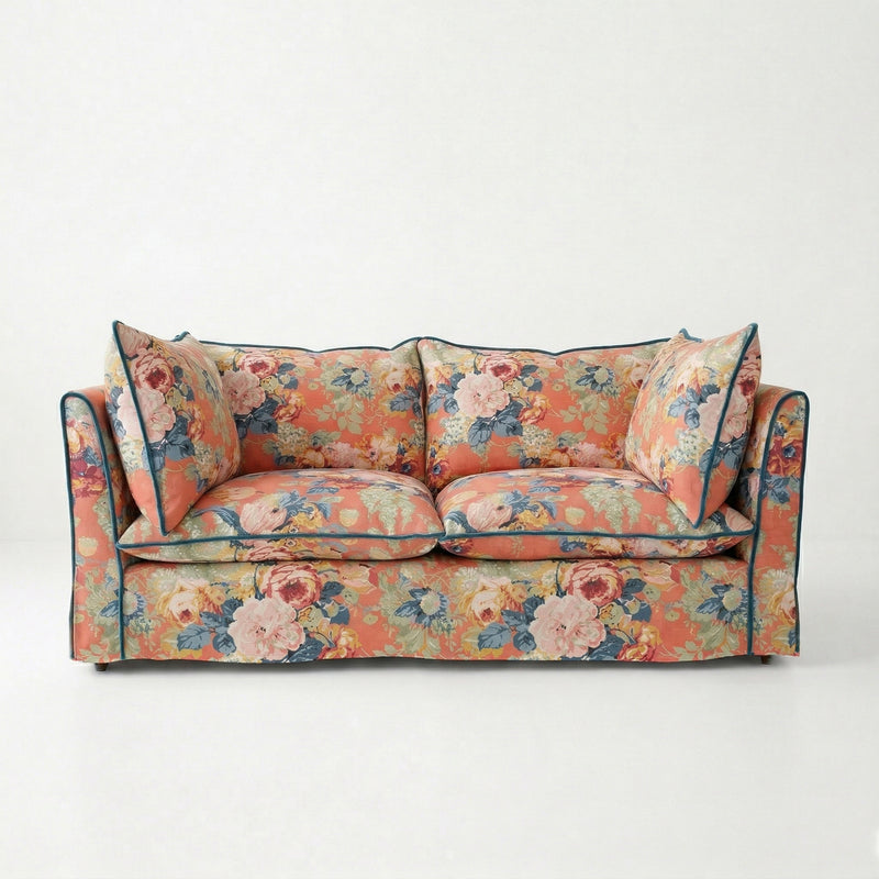 Coco 2.5 seater sofa with Knife Edge cushion in English Garden Coral Orange with Velvet Trim - Made to Order