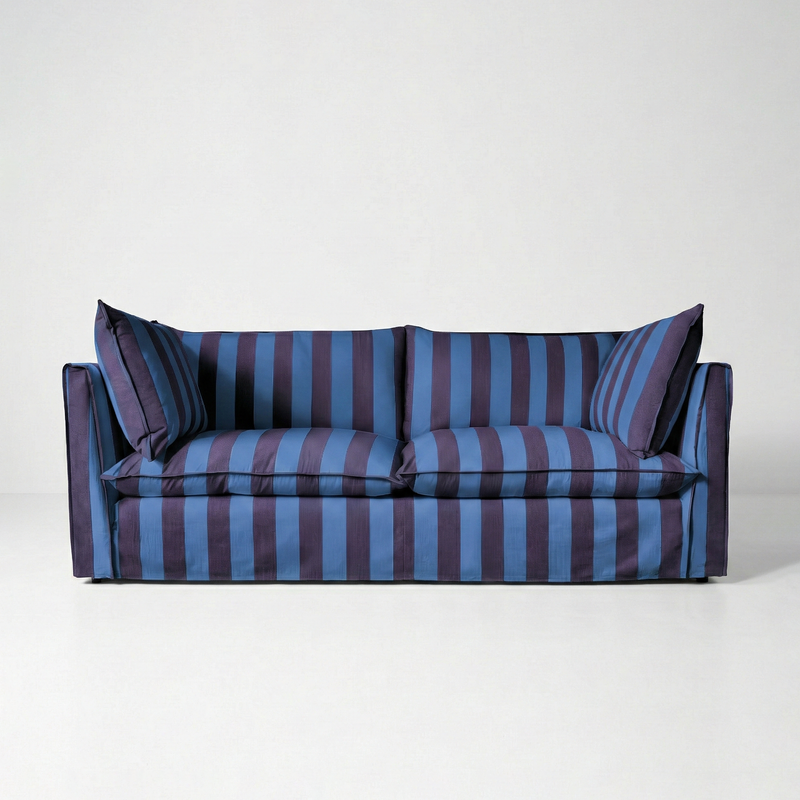 Coco 3 seater sofa with Self Piped Knife Edge cushion in Coastal Blue Stripes - Made to Order