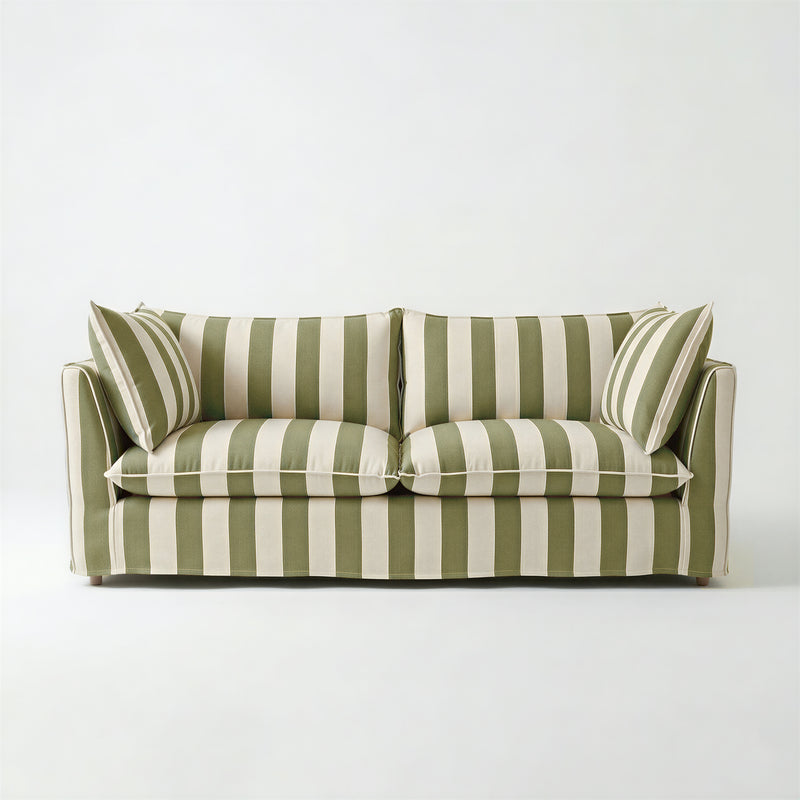 Coco 3 seater sofa with Self Piped Knife Edge cushion in Spring Green Stripes - Made to Order