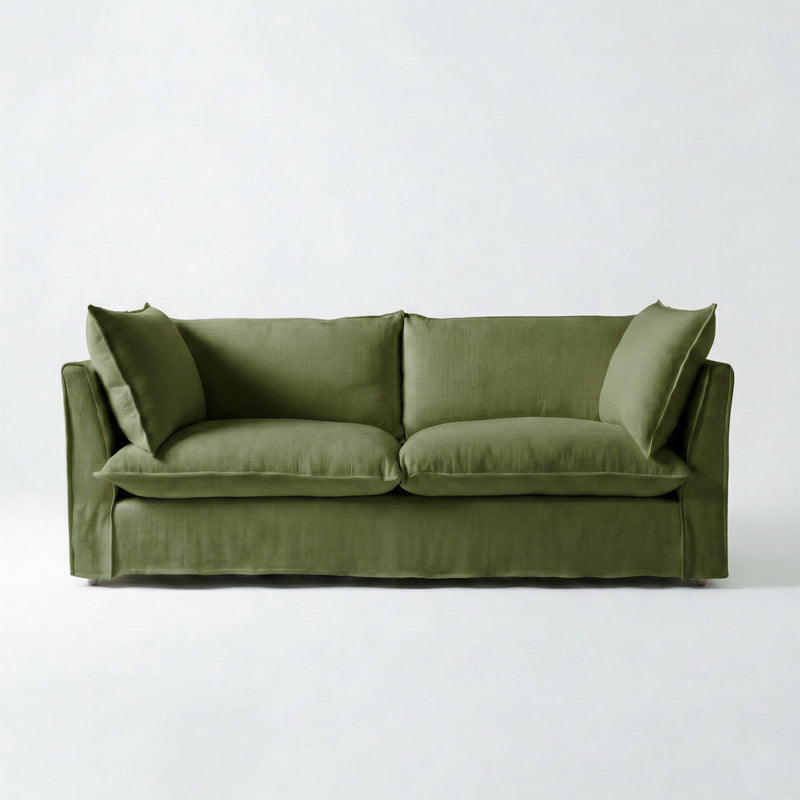 Coco 3 seater sofa with Self Piped Knife Edge cushion in Cotton Linen Evergreen - Made to Order
