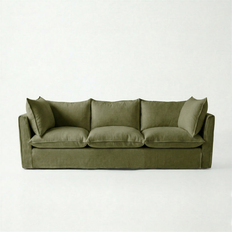 Coco 3.5 seater sofa with Self Piped Knife Edge cushion in Cotton Linen Evergreen - Made to Order