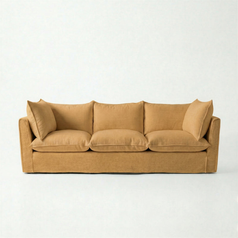 Coco 3.5 seater sofa with Self Piped Knife Edge cushion in Cotton Linen Sunflower - Made to Order