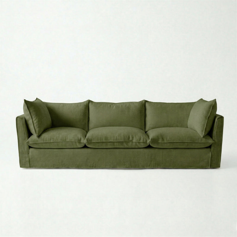 Coco 4 seater sofa with Self Piped Knife Edge cushion in Cotton Linen Evergreen - Made to Order