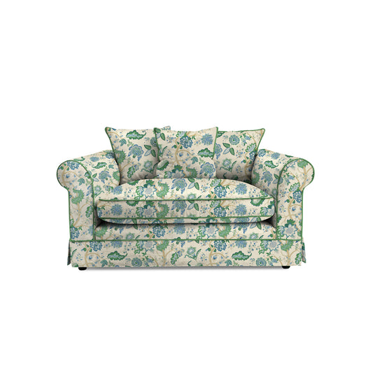 Barton Small Sofa with Scatter Cushions in Kitty Blue Green with Velvet Trim - Made to Order
