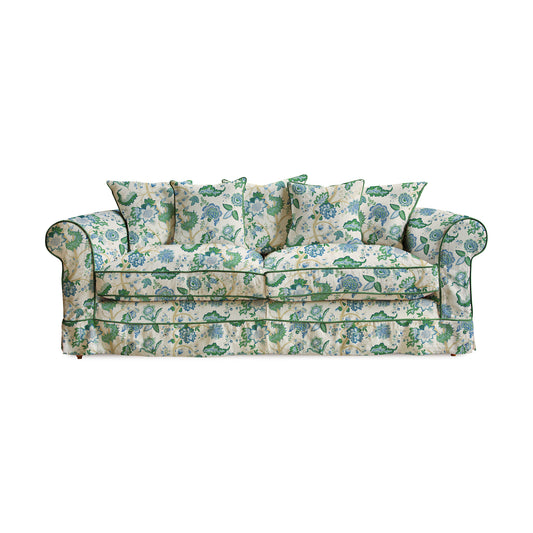 Barton Large Sofa with Scatter Cushions in Kitty Blue Green with Velvet Trim - Made to Order