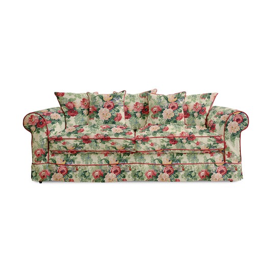Barton Large Sofa with Scatter Cushions in English Garden Classic Rose with Velvet Trim - Made To Order