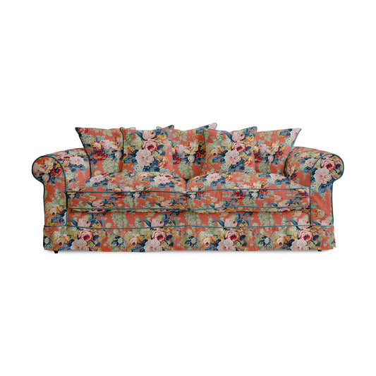 Barton Large Sofa with Scatter Cushions in English Garden Coral Orange with Velvet Trim - Made To Order