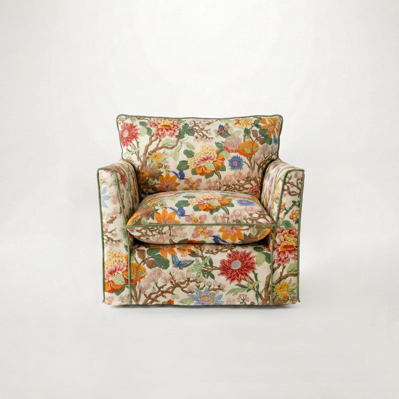 Coco Armchair with Knife Edge cushion in GP & J Baker Magnolia Cream Blue - Made To Order