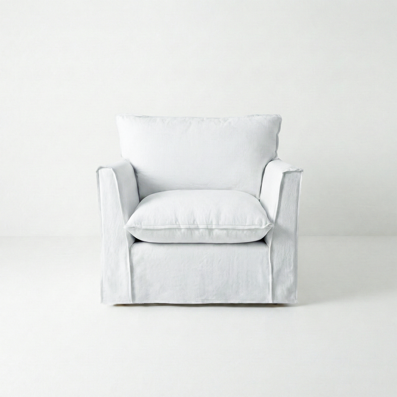 Coco Armchair with Knife Edge cushion in Cotton Linen Snow Drop - Made To Order