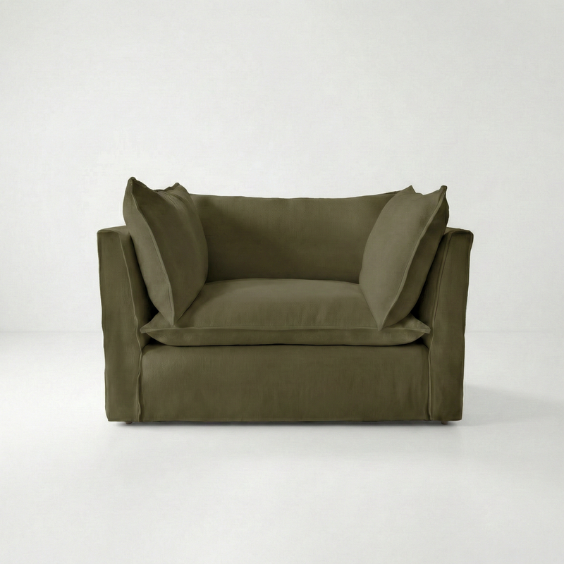 Coco Loveseat with Knife Edge cushion in Beatrice Olive - Made To Order