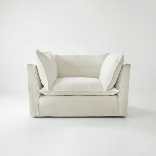 Coco Loveseat with Self Piped Knife Edge cushion in Cotton Linen Cool Coconut - Available for quick ship